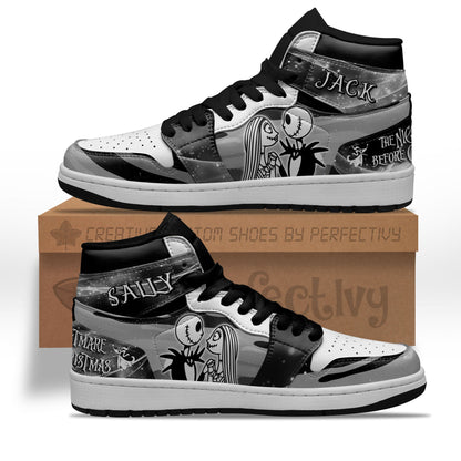 Jack and Sally Characters Silhouette J1s Sneakers Custom PT10